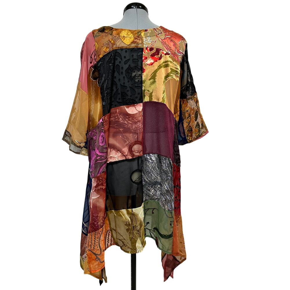 Sterling Styles Art Silk Velvet Burnout Patchwork Tunic Top Boho Art to Wear OS - Picture 3 of 8